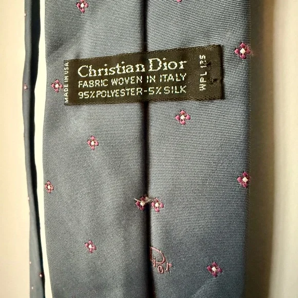 Dior Blue Silk-Blend Men's Tie with Pink Dot Motif Vintage Christian Dior - Picture 3 of 7